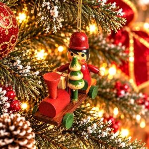 Vintage Handcrafted Wooden Christmas Train Ornament Elf Conductor VG